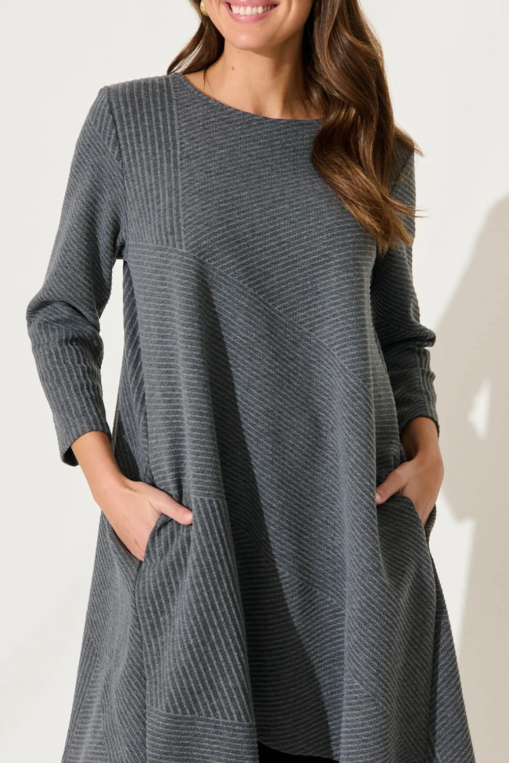 Gray Asymmetric Belted Knit Dress