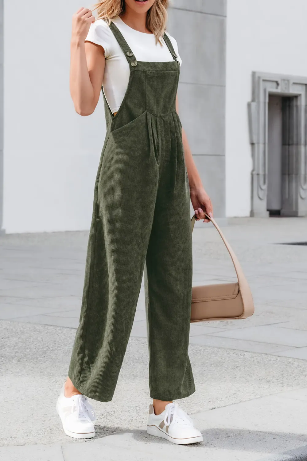 Green Corduroy Square Neck Jumpsuit