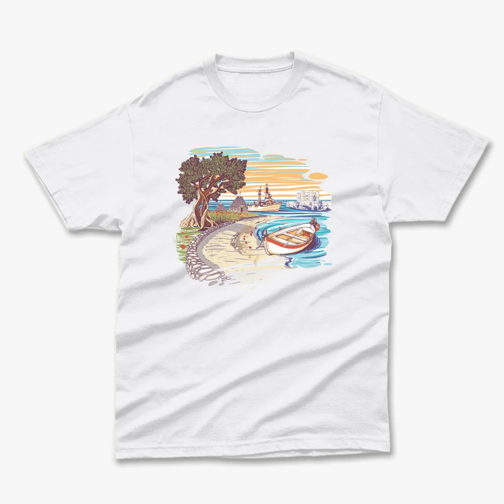 Retro Summer Landscape Printed T-Shirt With Pure Cotton Round Neck And Short Sleeves