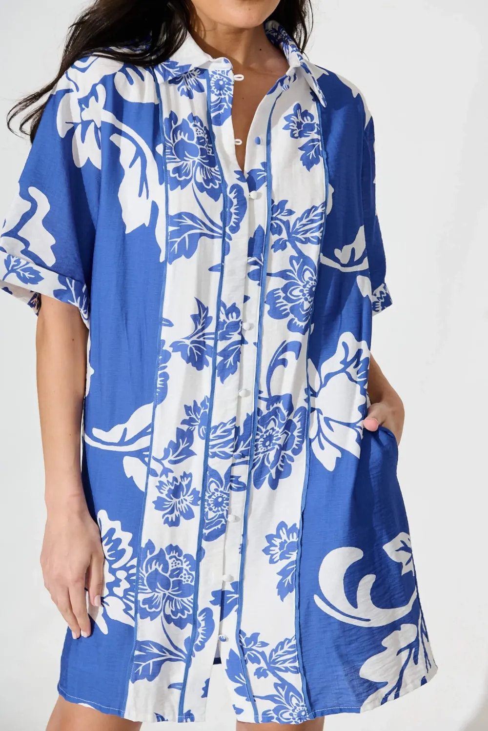 Blue Patterned Belted Shirt Dress