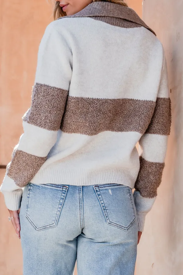 Fuzzy Mocha Striped V Neck Sweater