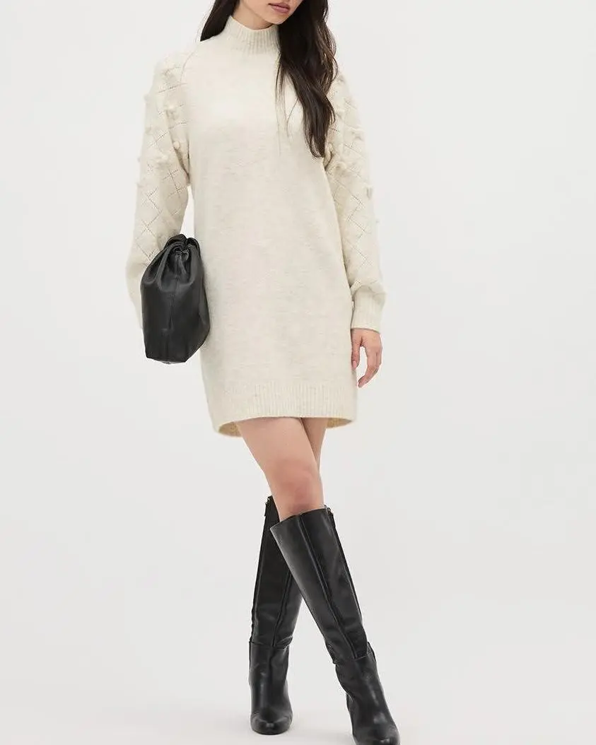 Long-Sleeve Crew-Neck Spongy Dress With 3D Flowers