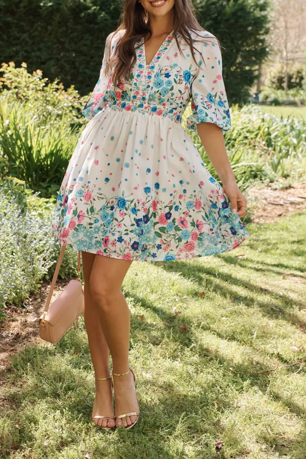 White Floral Print Mini Dress With Puff Sleeves