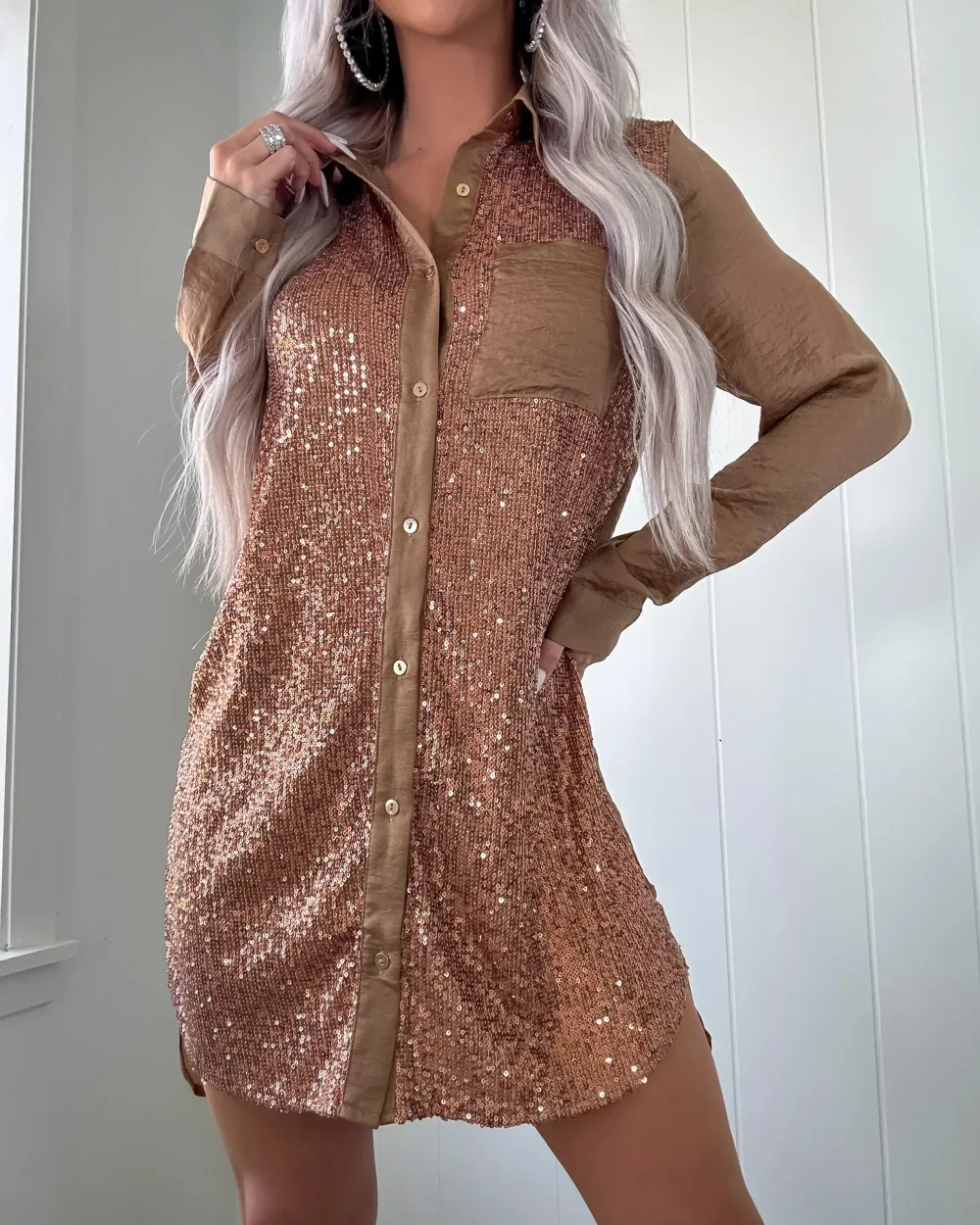 Satin Sequin Button Down Dress - Latte