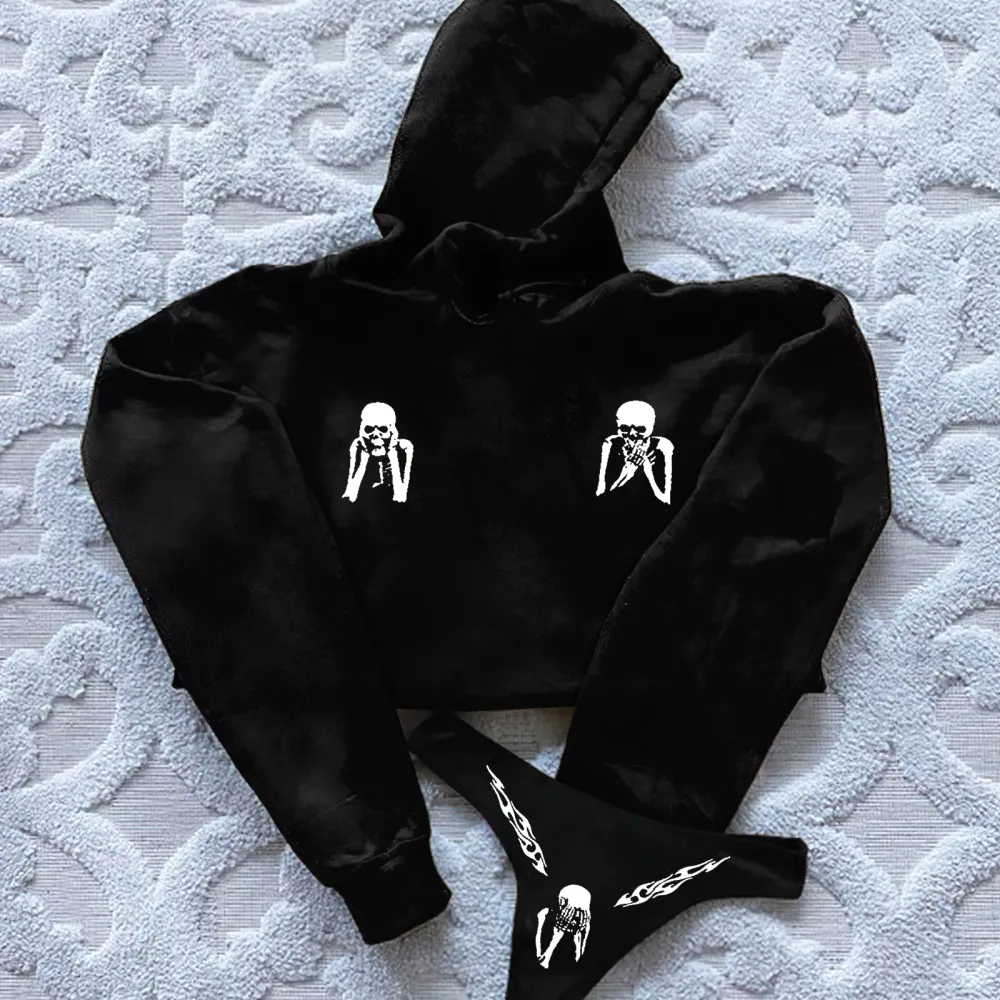 Funny Skulls Printed Women's Cropped Hoodie & Thong Sets