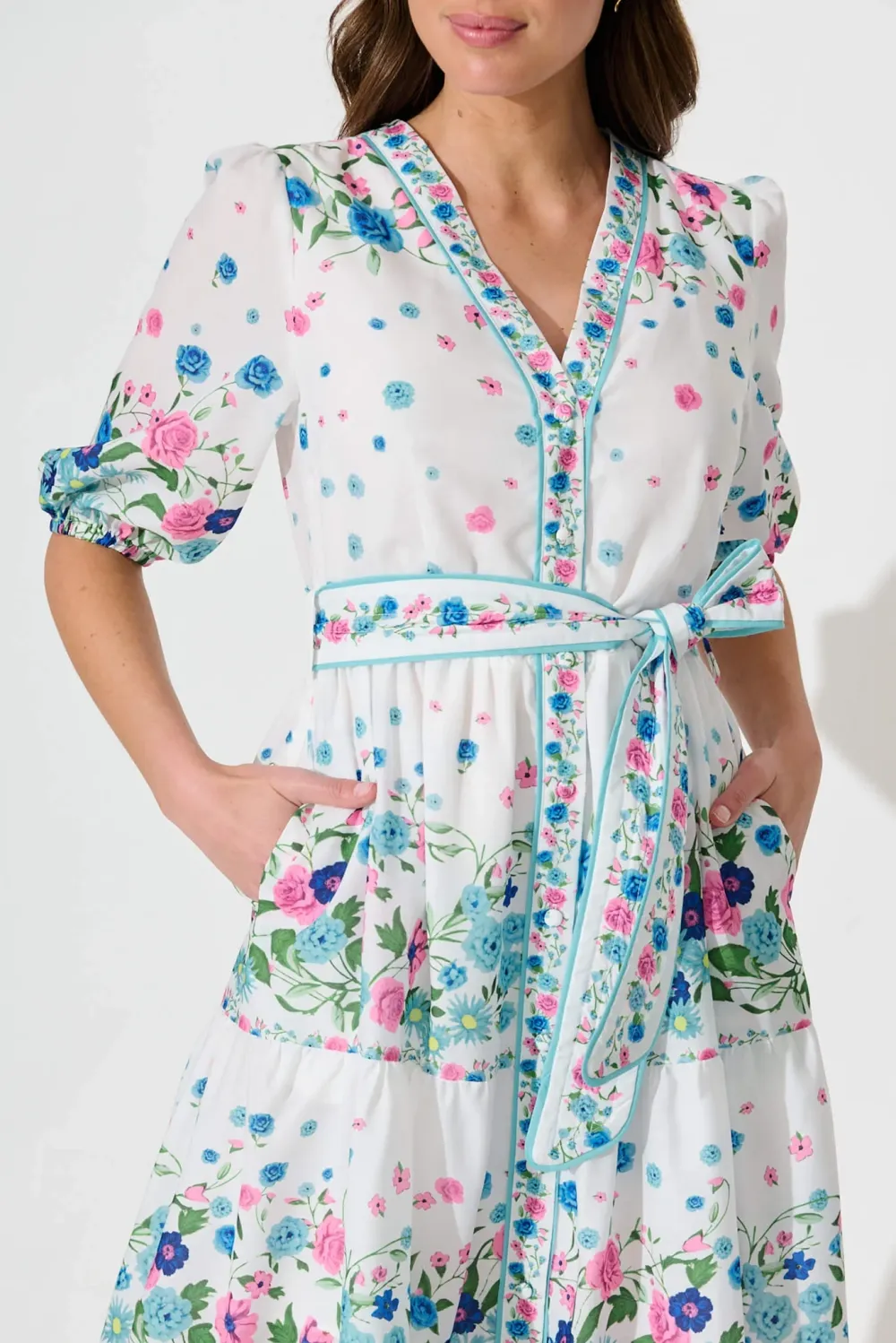 White Floral Print Tiered Midi Dress