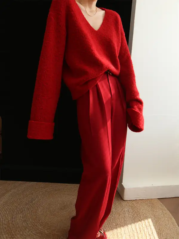 Plain V-Neck Drop Shoulder Long Sleeve Sweater