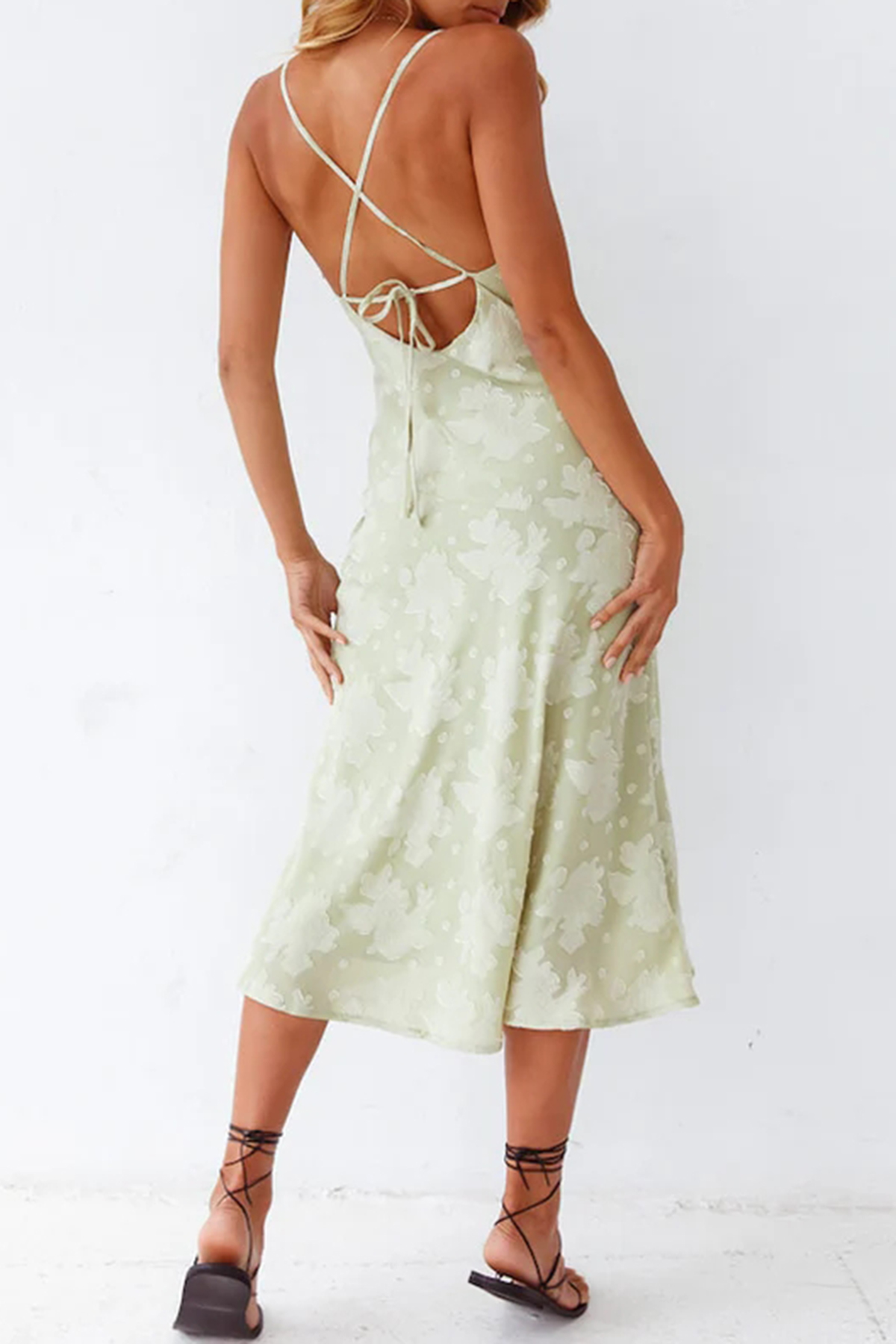 Floral Cowl Neck High Slit Slip Midi Dress - Sage Green