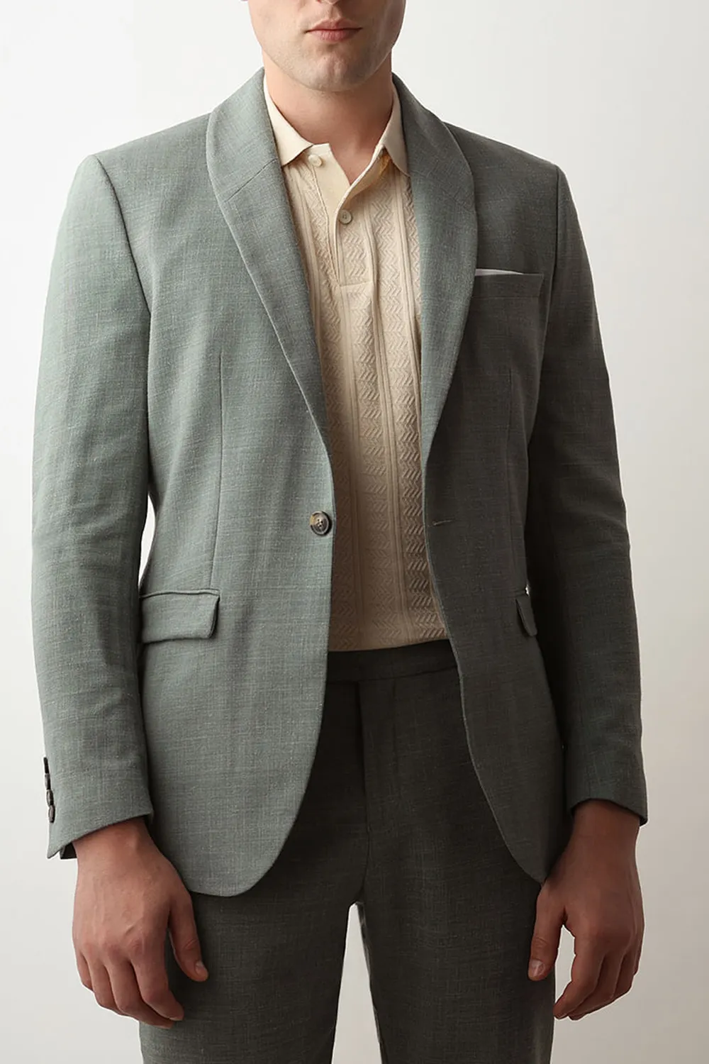 Green Linen Single Breasted Suit-Set Blazer