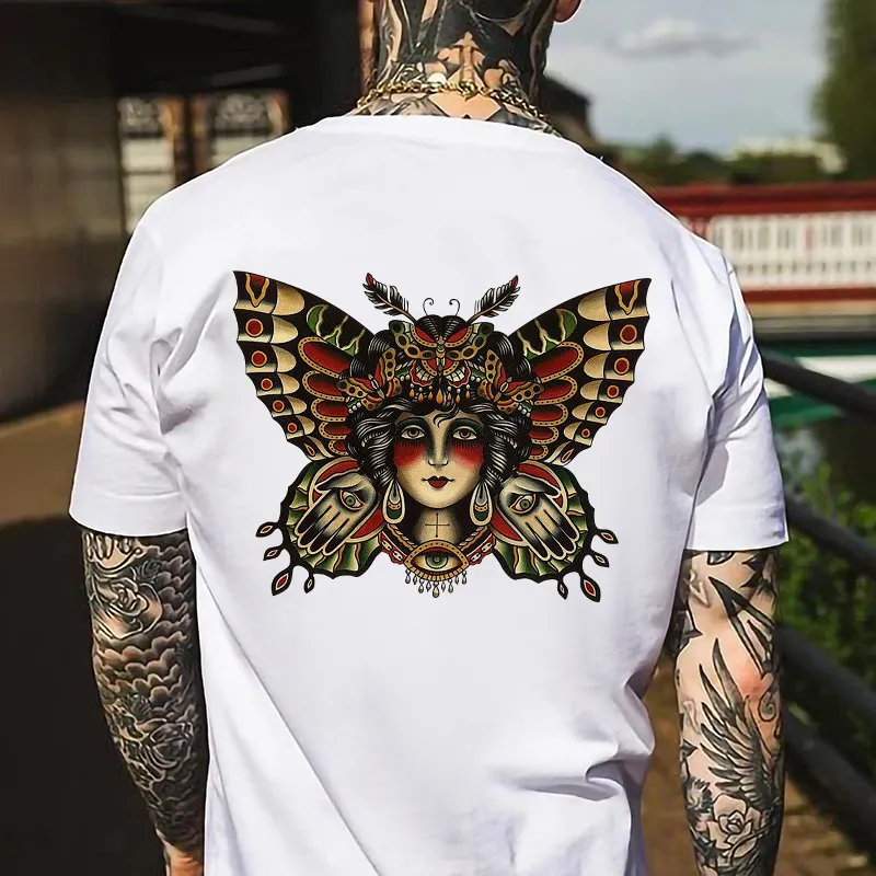 Evil Eye Print Moth With Girl Portrait Basic Men’s T-shirt