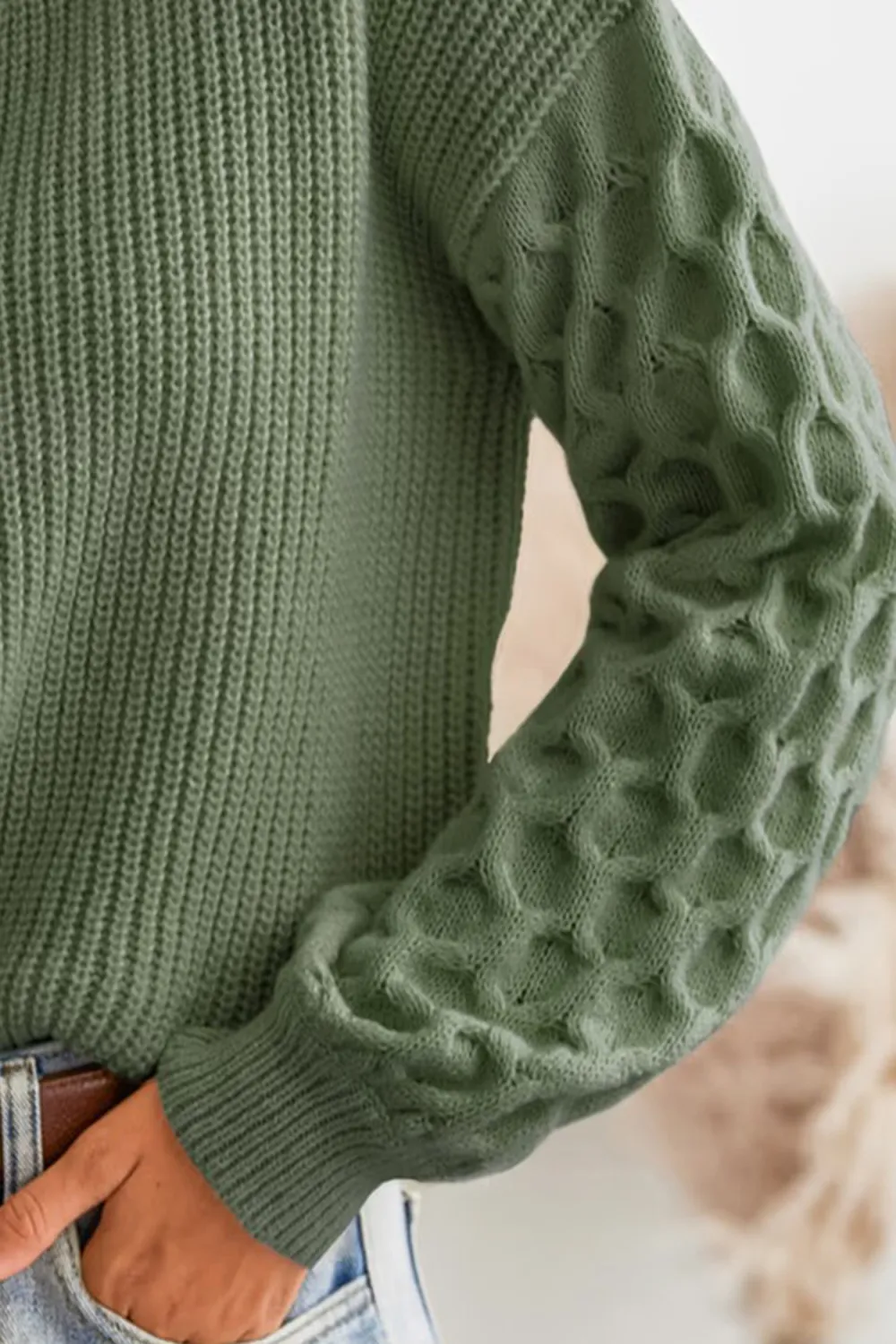 Green Honeycomb Puff Sleeve Sweater