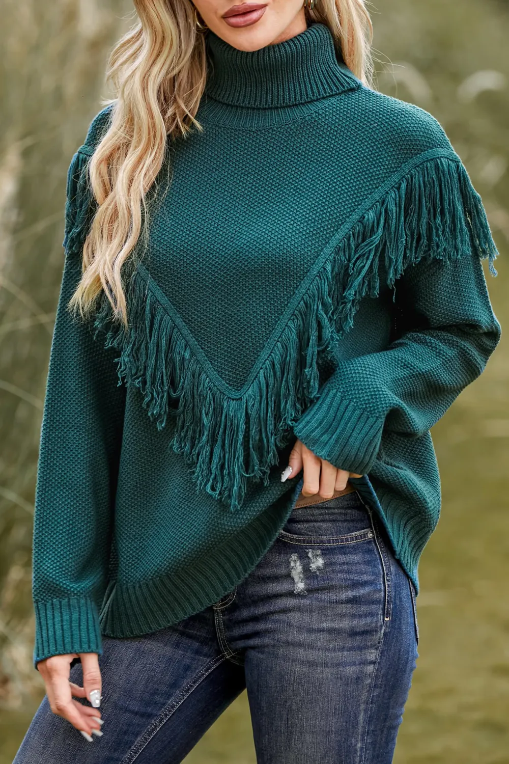 Tassel Turtleneck Long Sleeve Knit Sweater