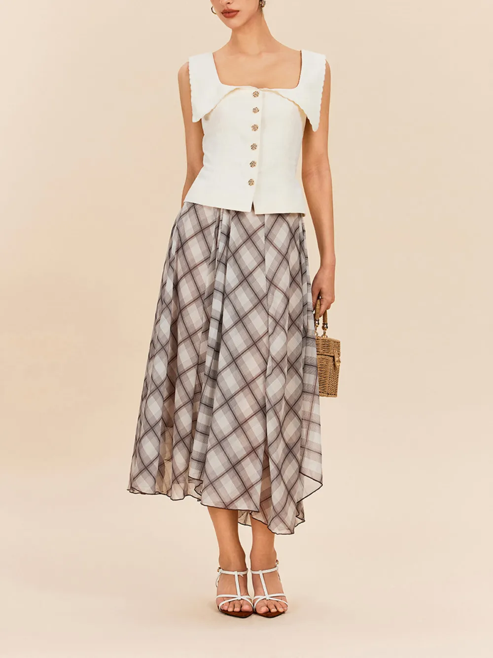Smocking Detail Button Up Square Neck Top