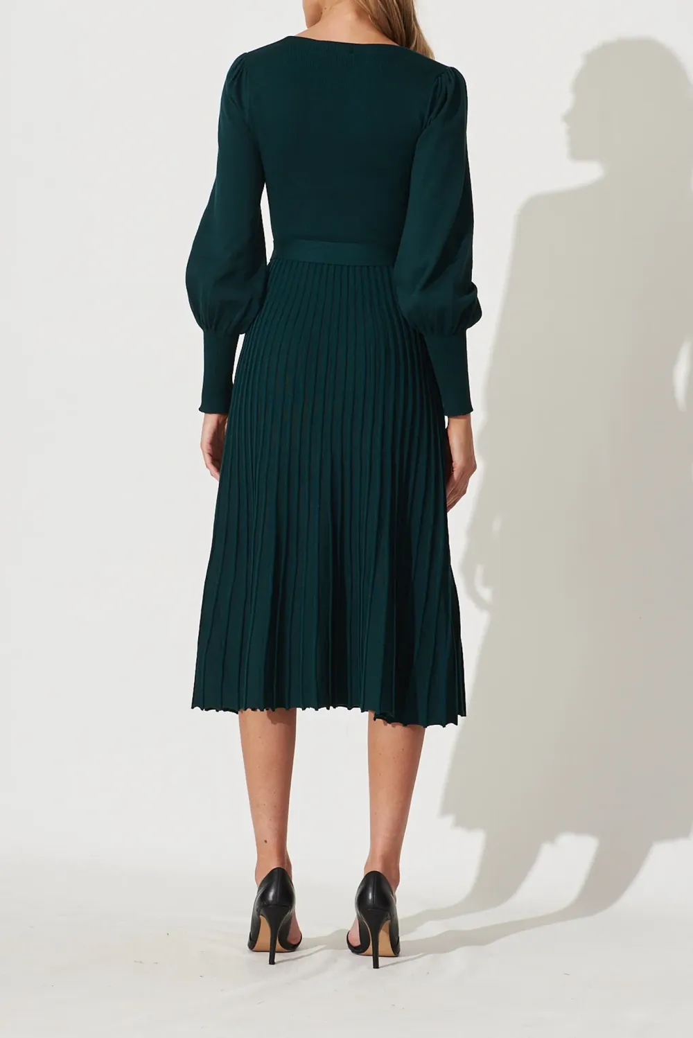 Dark Green Pleated Knitted Midi Dress