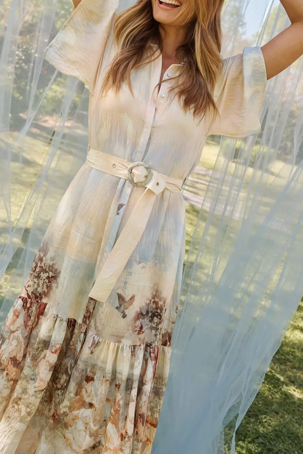 Beige Printed Tiered Shirt Midi Dress