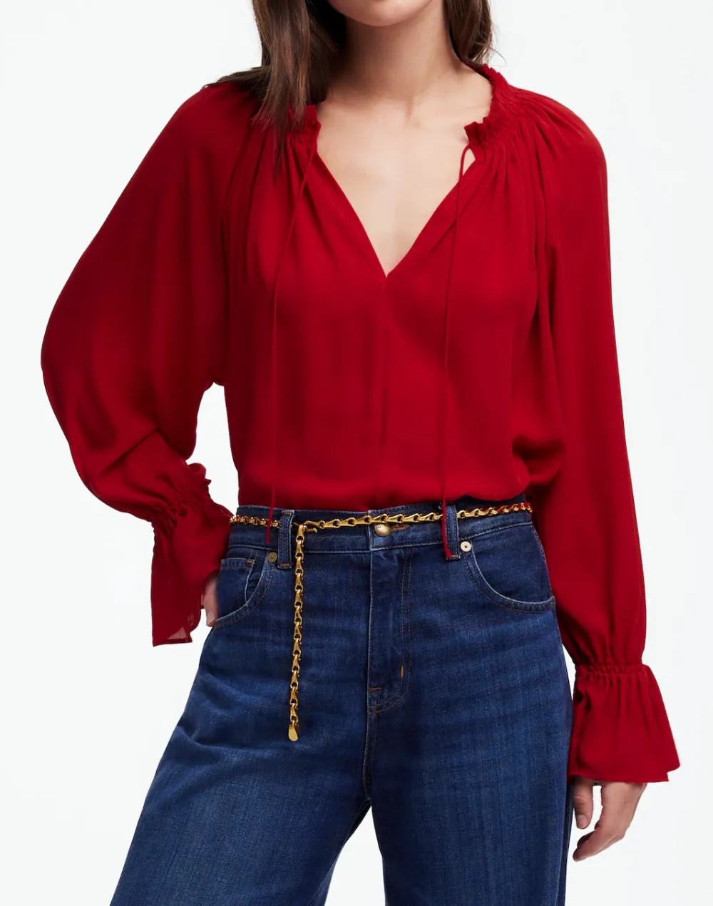 Long-Sleeve Tie-Neck Top