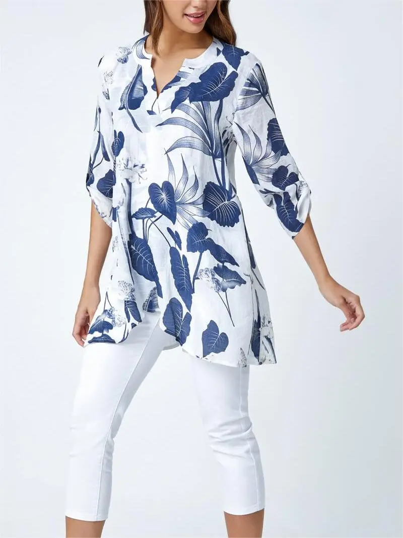 Navy Palm Print V-Neck Wrap Hem Tunic Top