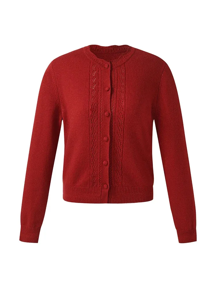 Wool Round Neck Openwork Women Knit Cardigan