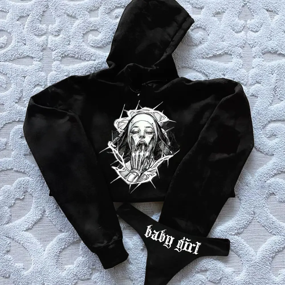 Evil Nun Printed Women's Cropped Hoodie & Thong Sets