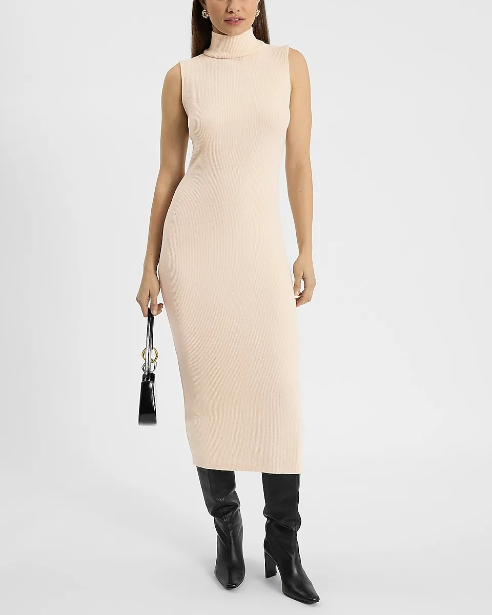 Ribbed Sleeveless Mock Neck Midi Dress