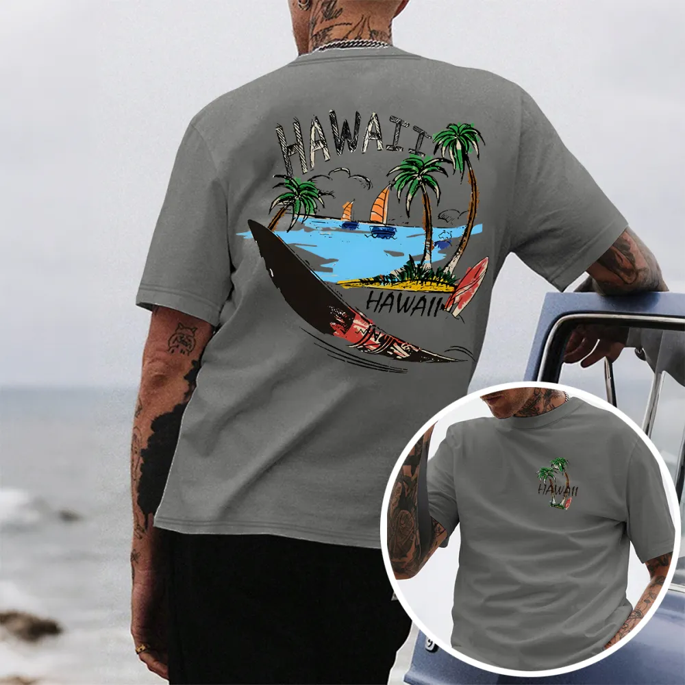 Men'S HAWAII Letter Palm Tree Boat Graphic Printed Vacation Short Sleeves T-Shirt