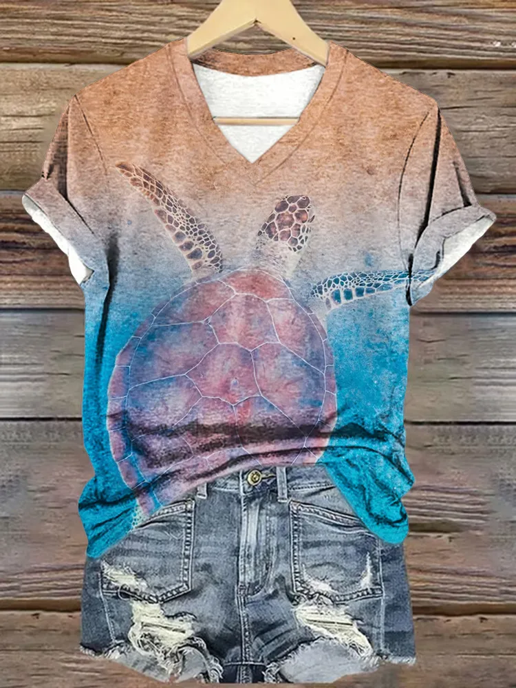 Women'S Summer Beach Turtles  Print V-Neck Cotton T-Shirt