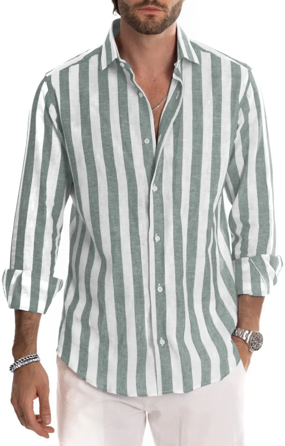 Men's Long-sleeved lapel striped shirt loose shirt