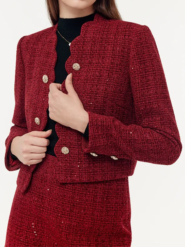 Tweed Sequins Scallop Trim Women Crop Jacket