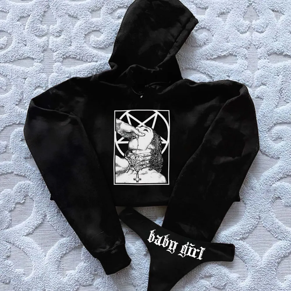 Evil Nun Printed Women's Cropped Hoodie & Thong Sets