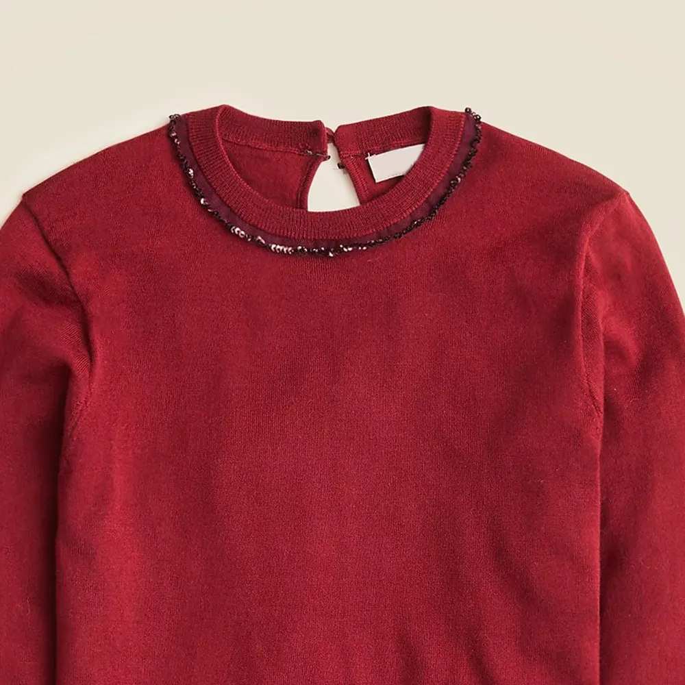 embellished fitted crewneck sweater in merino wool