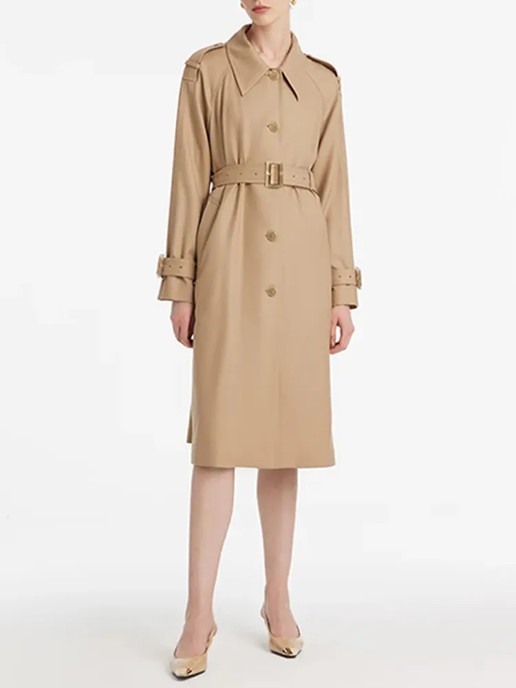 Worsted Wool Lapel Women Trench Coat With Belt