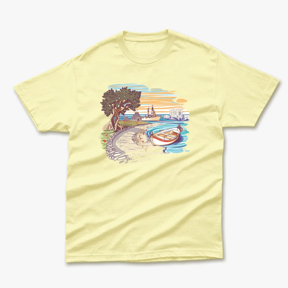 Retro Summer Landscape Printed T-Shirt With Pure Cotton Round Neck And Short Sleeves
