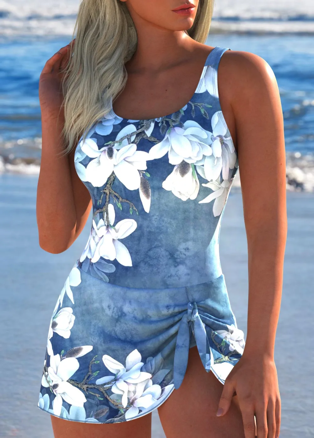 Tie Floral Print Denim Blue One Piece Swimdress