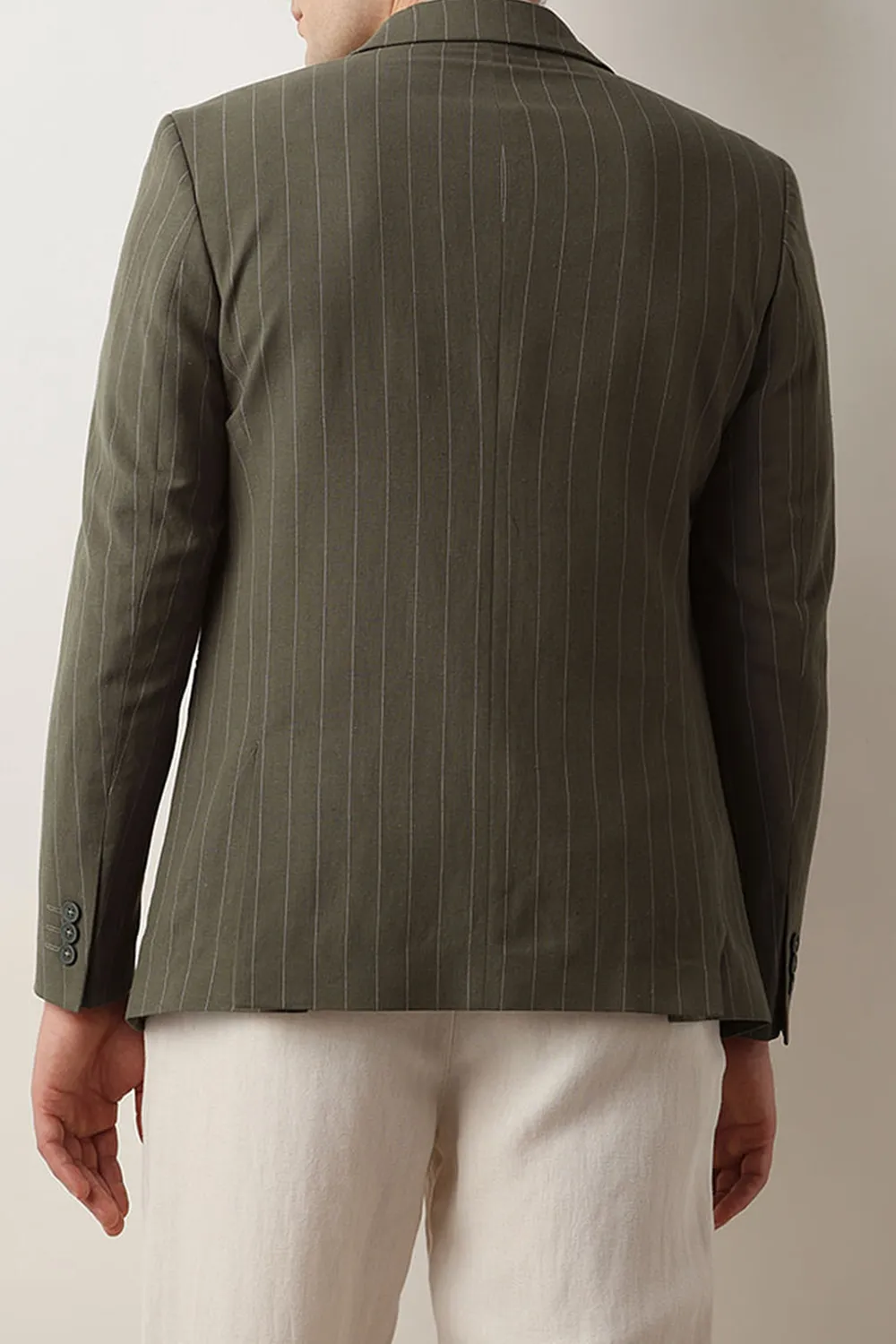 Green Striped Casual Blazer