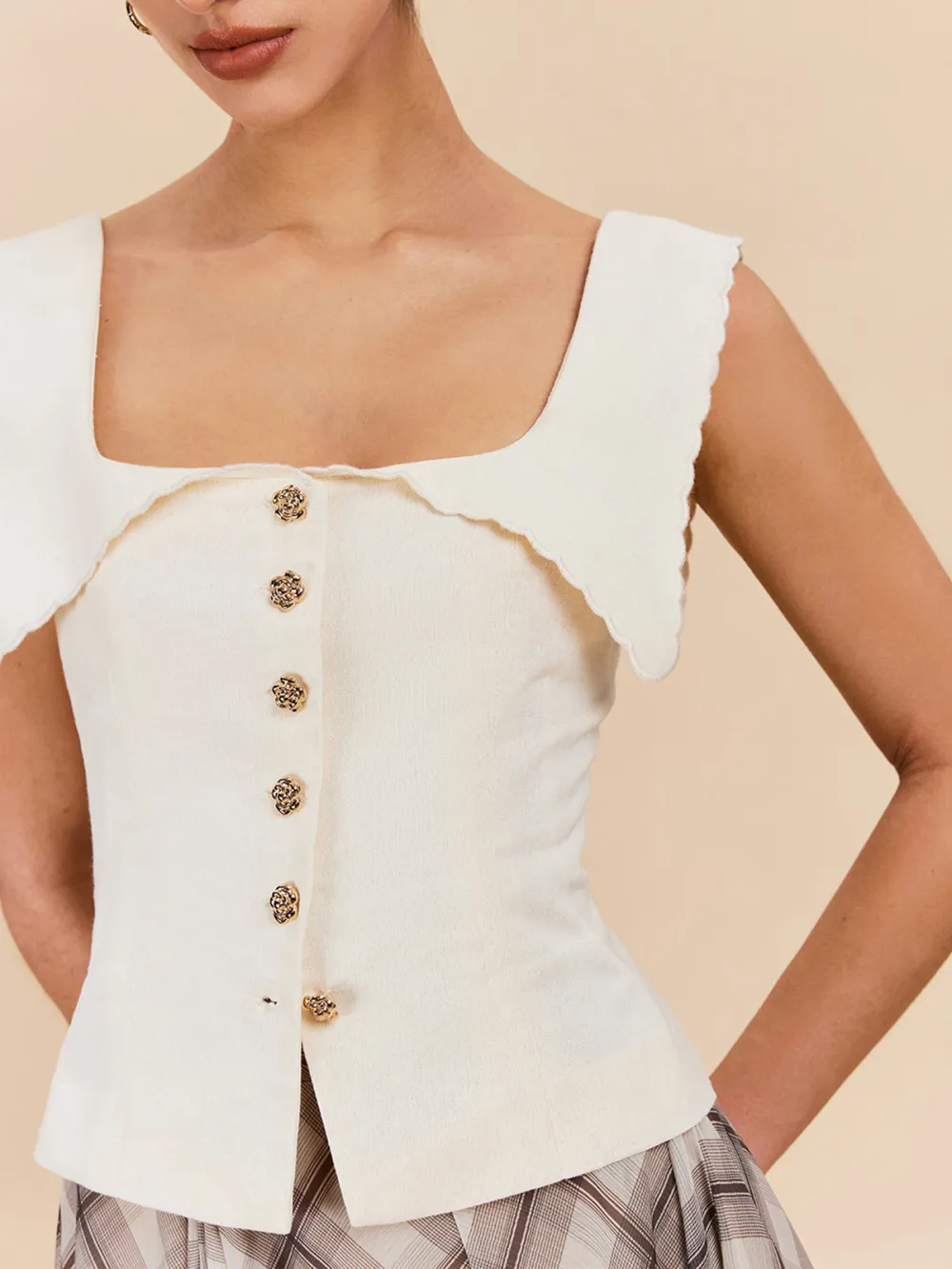 Smocking Detail Button Up Square Neck Top