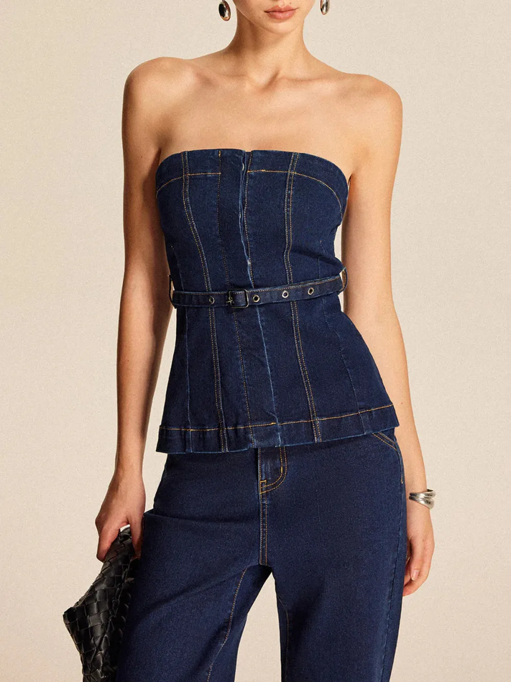 Sewing Detail Tube Top With Belt