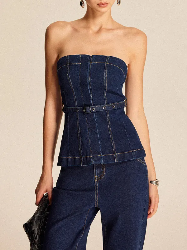 Sewing Detail Tube Top With Belt