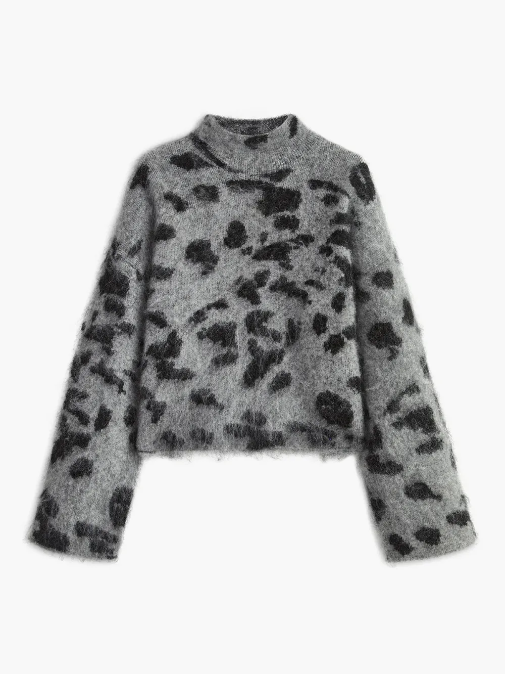 Fuzzy Leopard Drop Shoulder High Neck Sweater