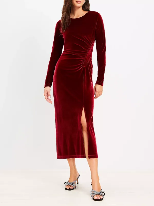 Shirred Velvet Midi Dress