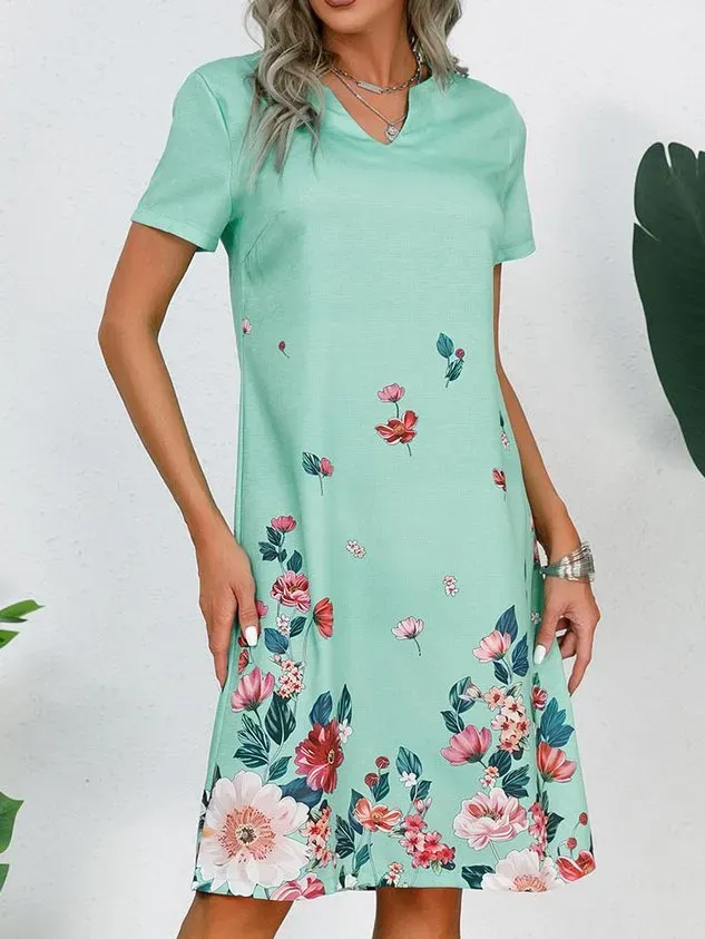 Women Floral Notched Short Sleeve Comfy Casual Short Dress