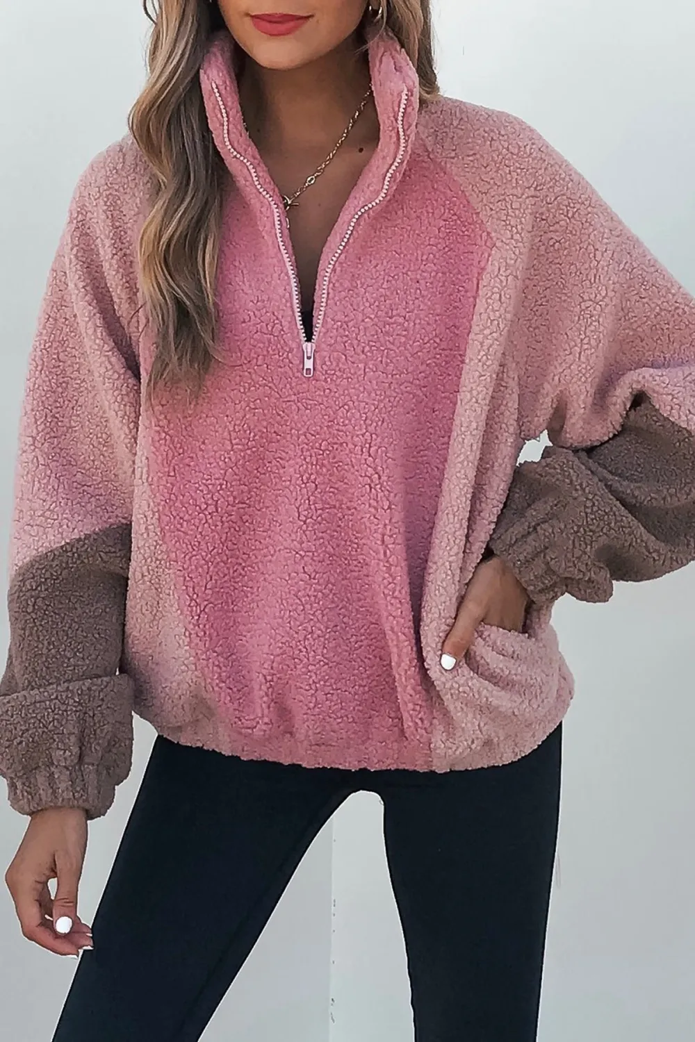 Pink Color Block Sherpa Jacket