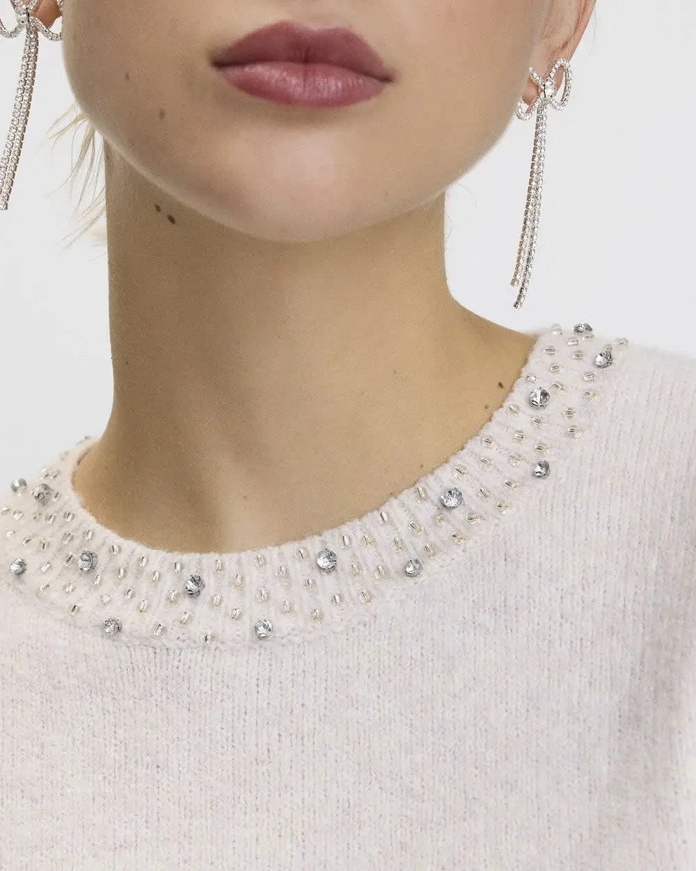 Long-Sleeve Sweater with Jewelled Crew Neckline