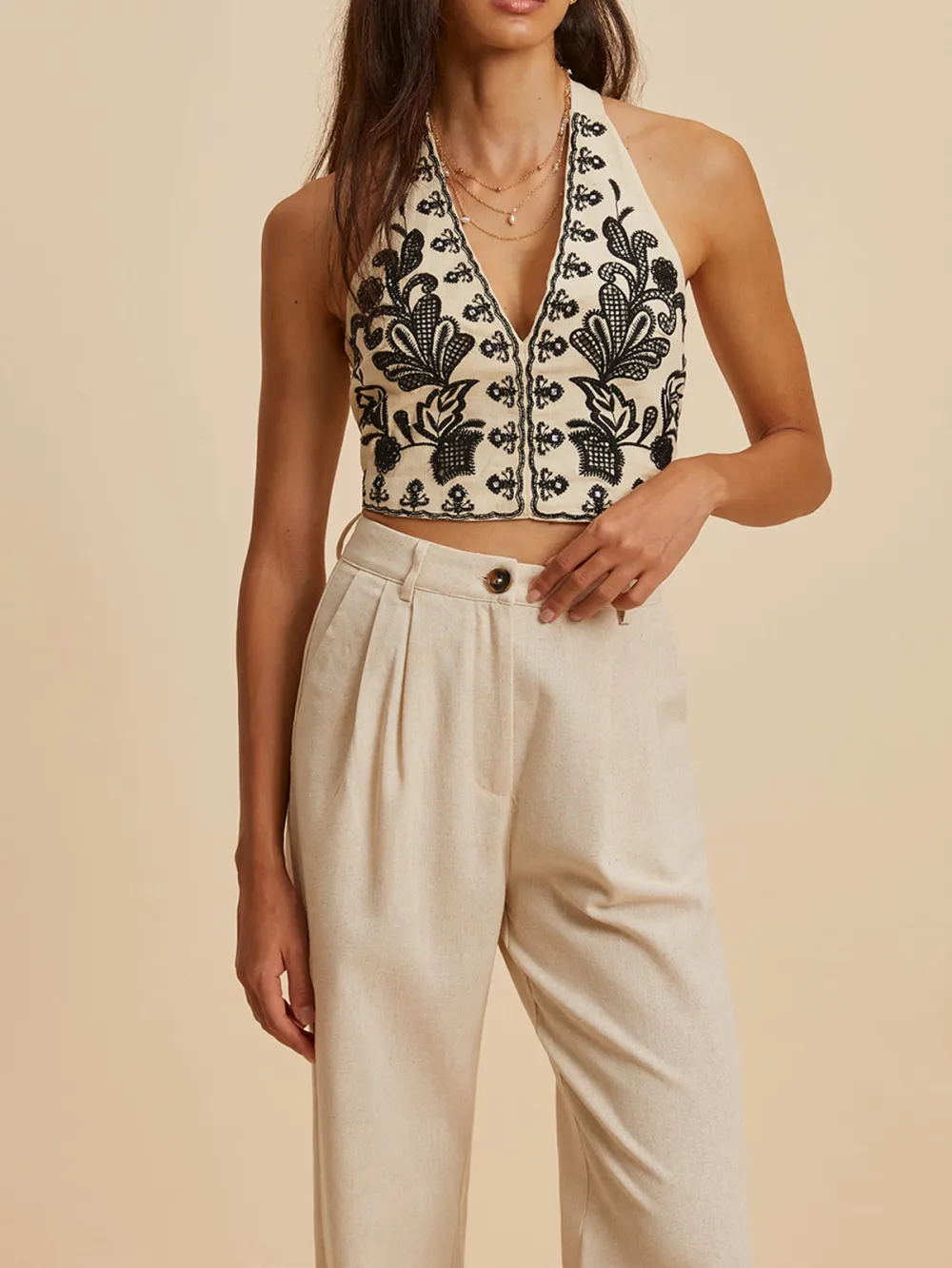 Embroidered Halter Neck Cropped Top
