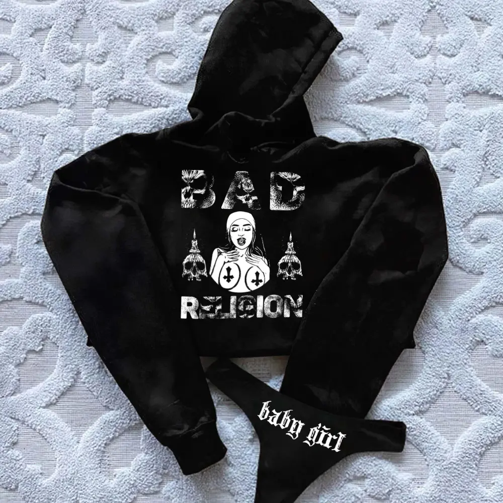Evil Nun Printed Women's Cropped Hoodie & Thong Sets