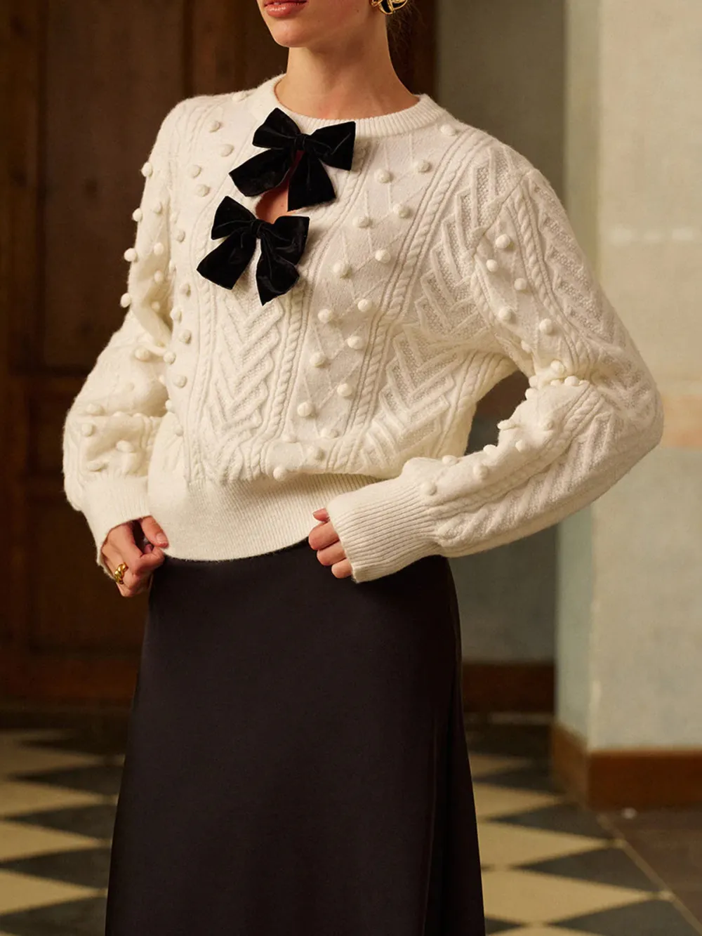 Bow-Decor Round Neck Lantern Sleeve Sweater