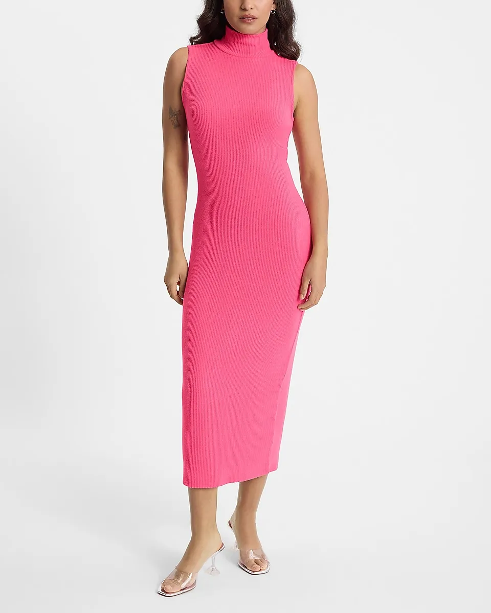 Ribbed Sleeveless Mock Neck Midi Dress