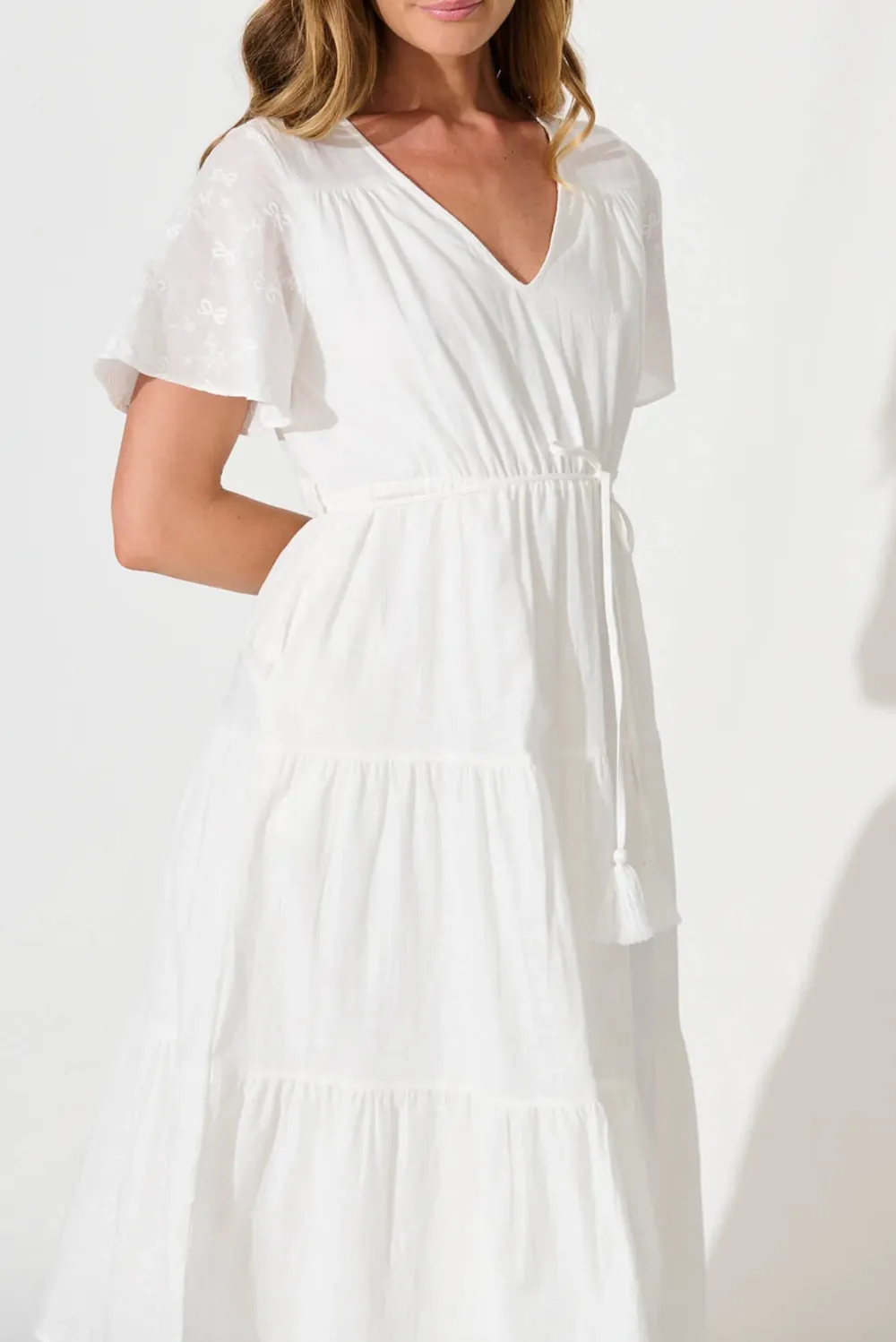 White Flutter Sleeve Tiered Midi Dress