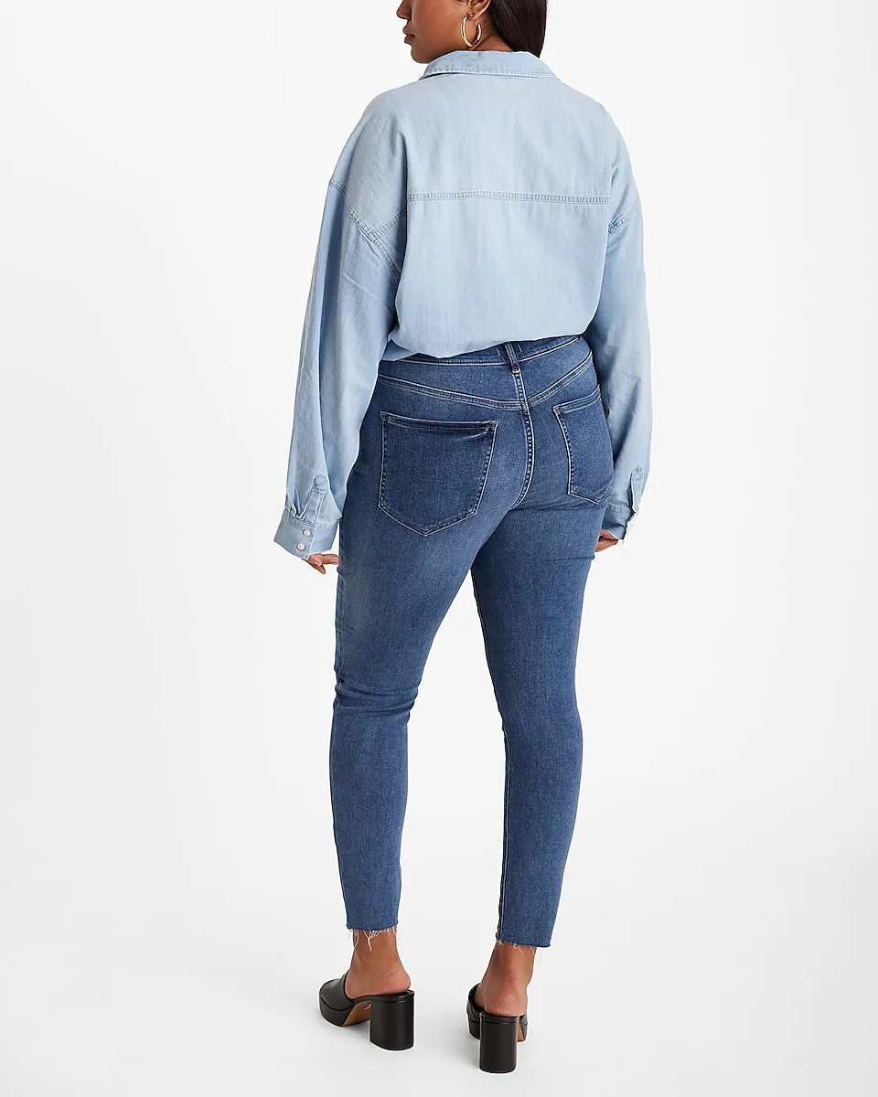 High Waisted Medium Wash Raw Hem Skinny Jeans