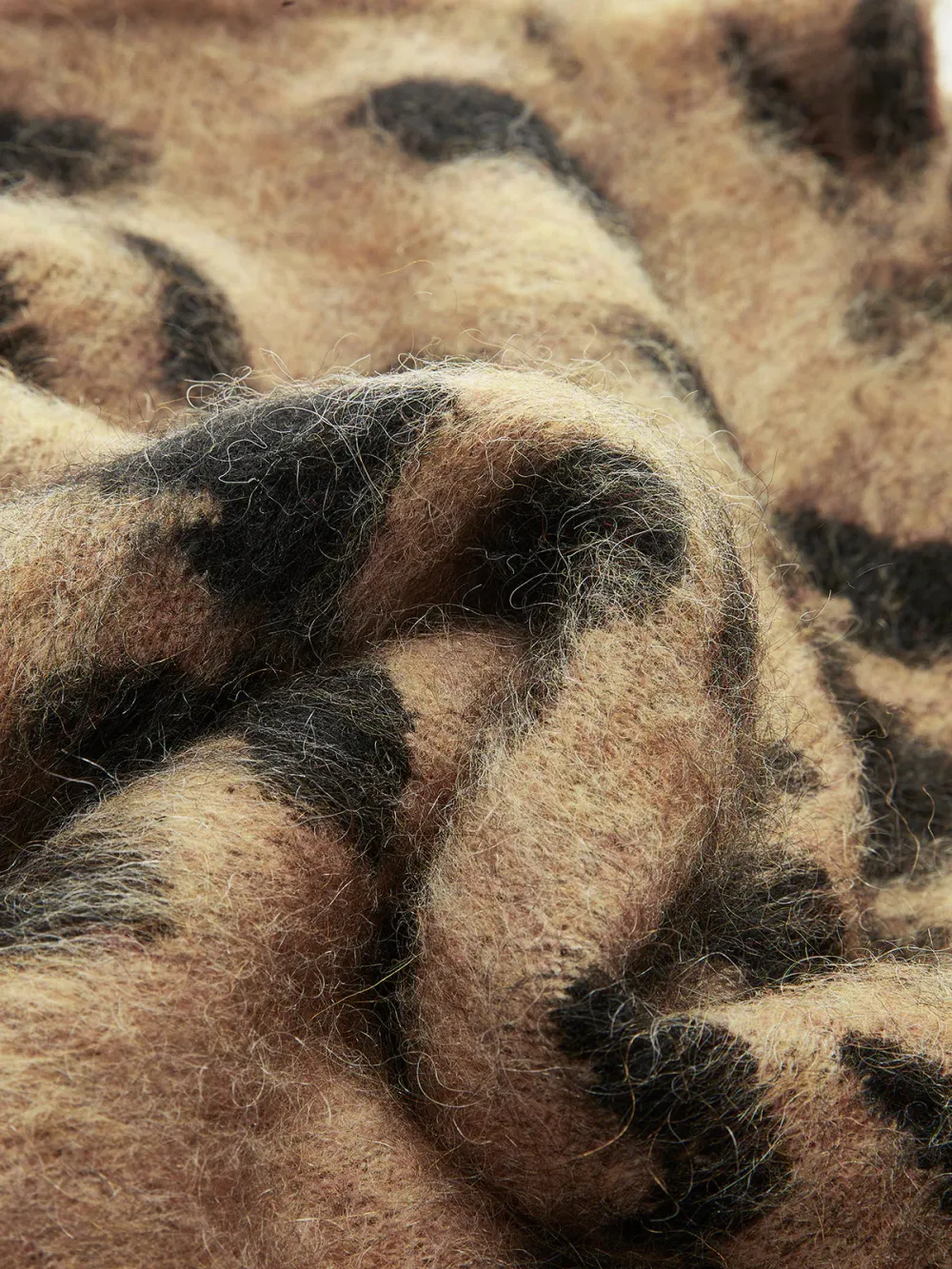 Fuzzy Leopard Drop Shoulder High Neck Sweater