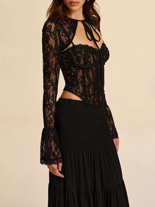 Semi-Sheer Lace Ruffle Sleeve Blouse